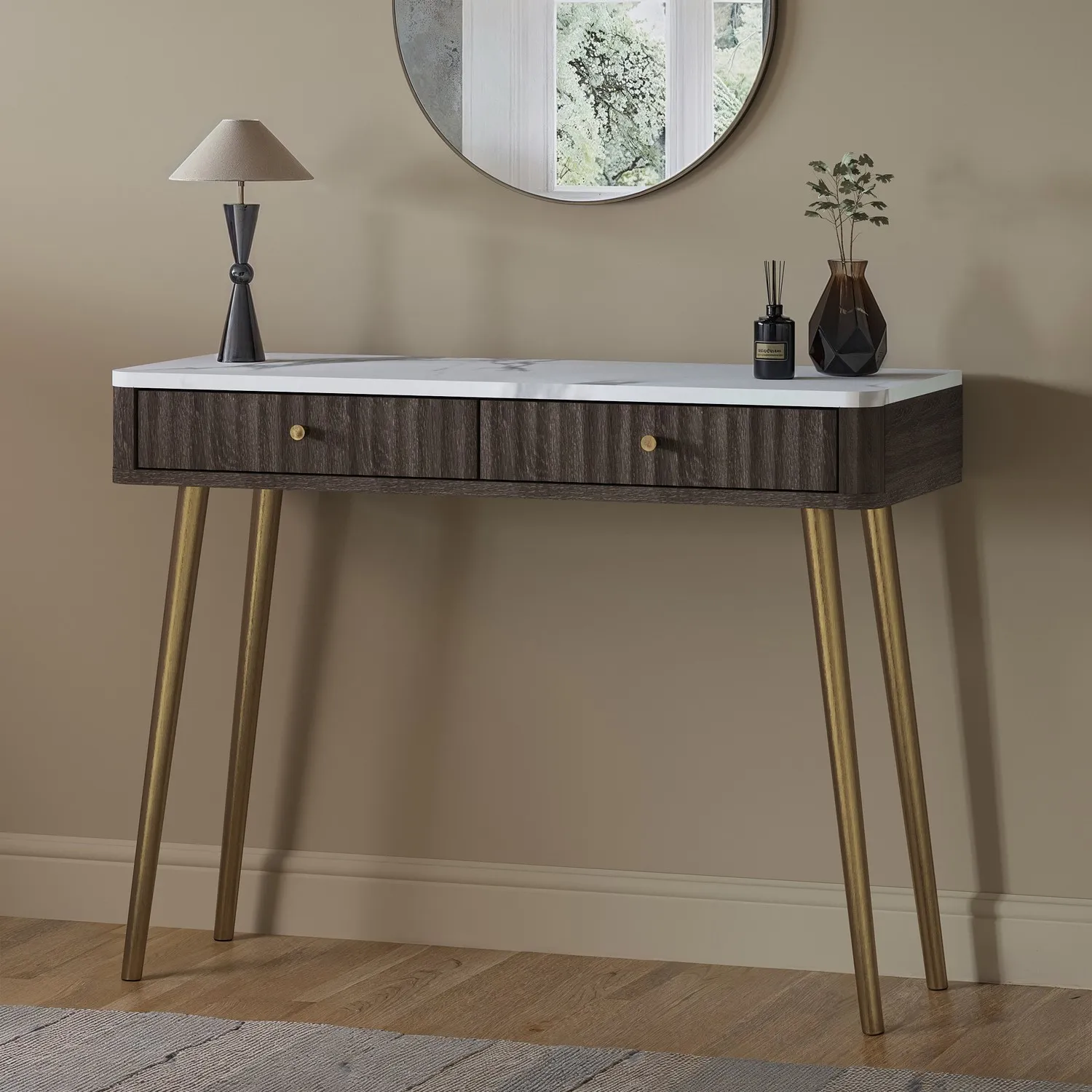 Fluted Dressing Table with Drawers - Wood, Marble image