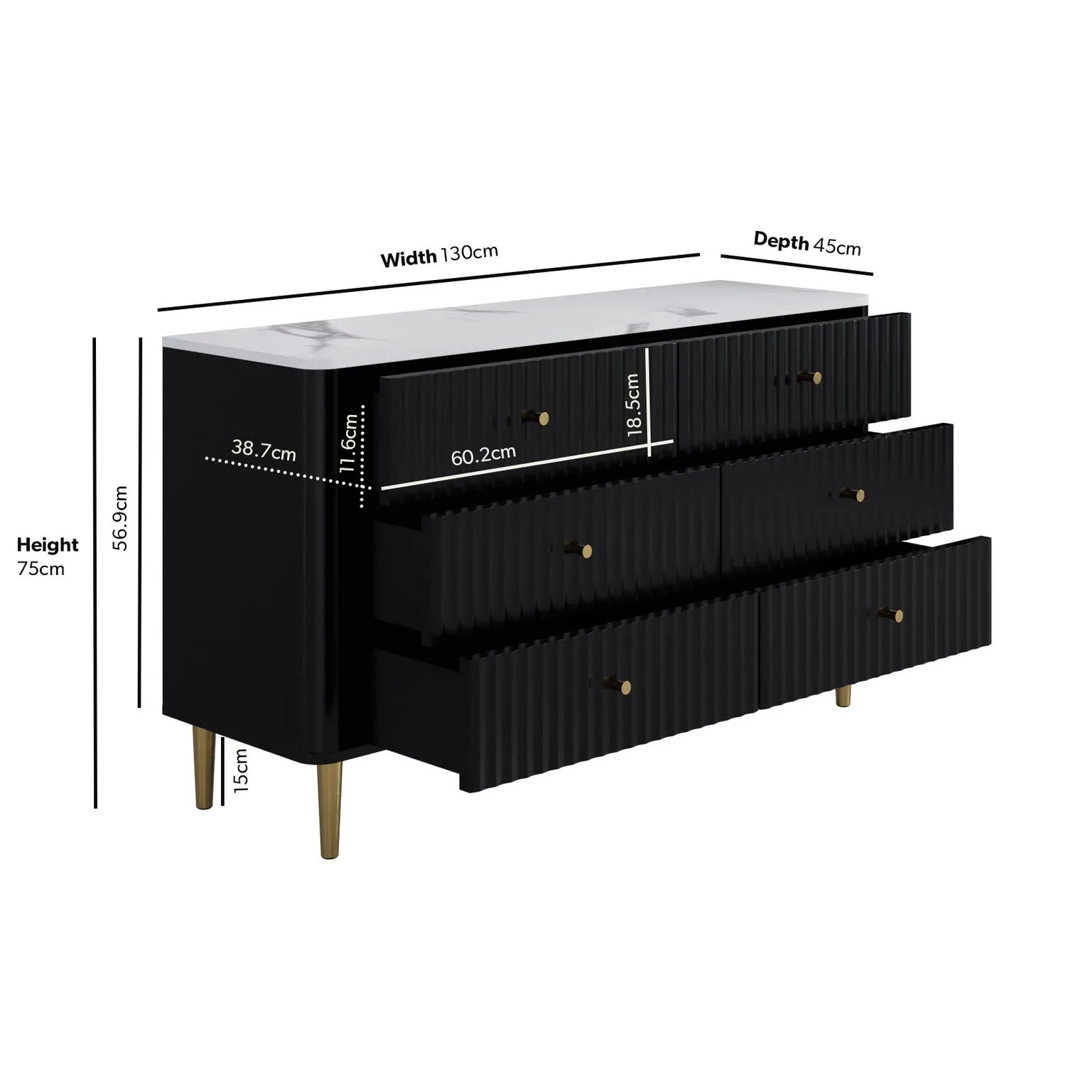 Wide 6-Drawer Chest with Marble Top - Black, Wood