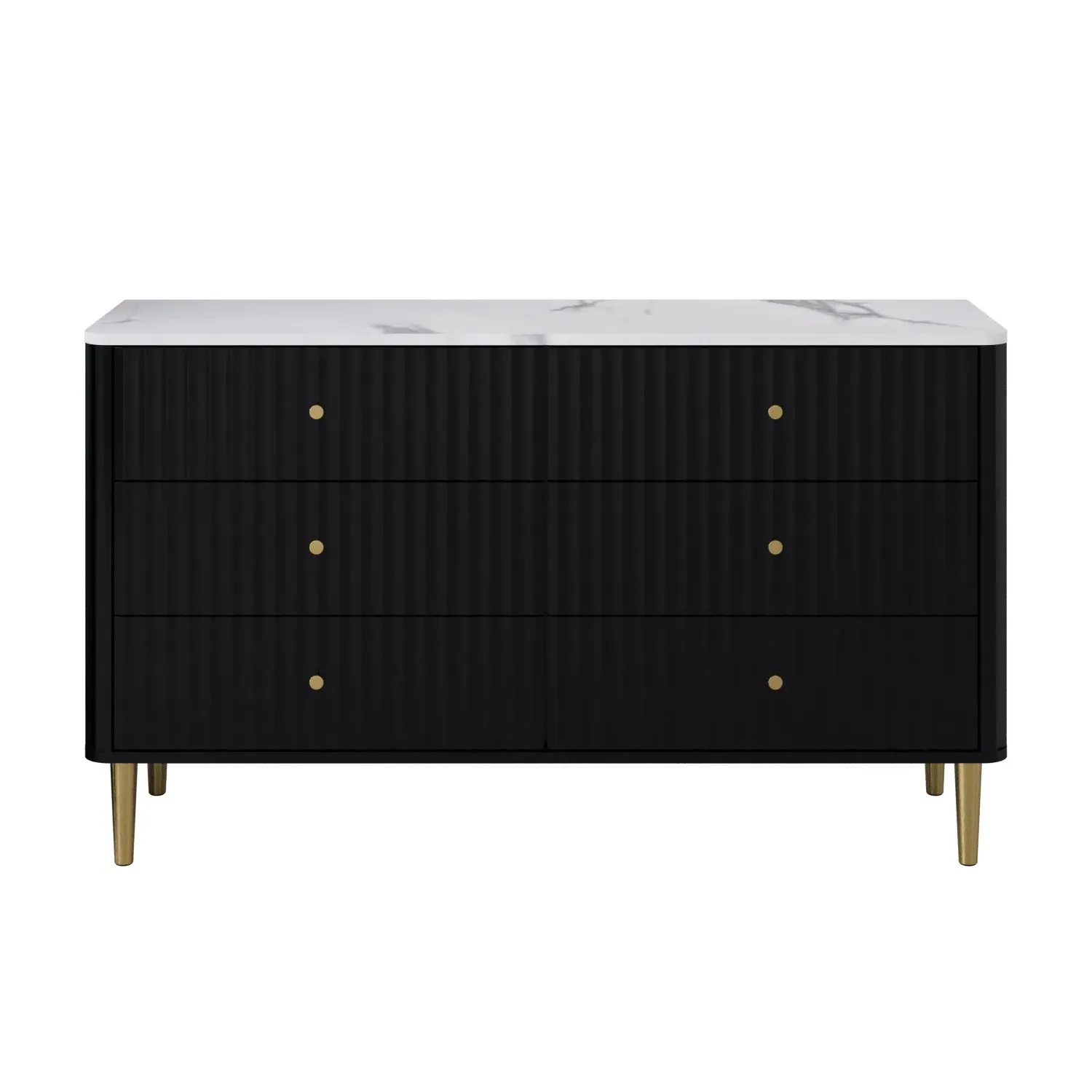 Wide 6-Drawer Chest with Marble Top - Black, Wood