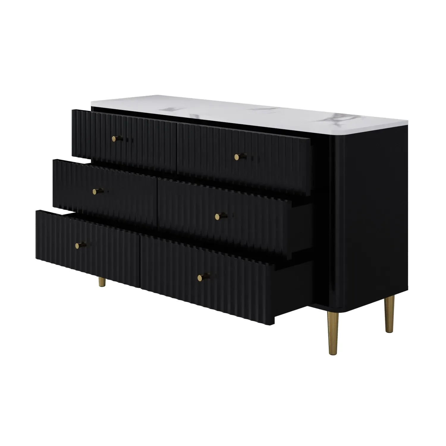 Wide 6-Drawer Chest with Marble Top - Black, Wood
