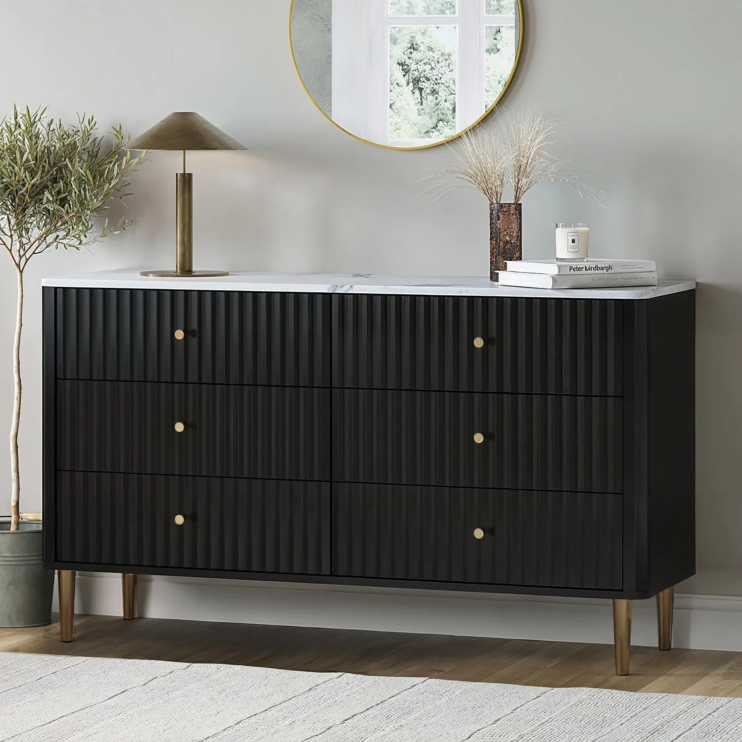 Wide 6-Drawer Chest with Marble Top - Black, Wood
