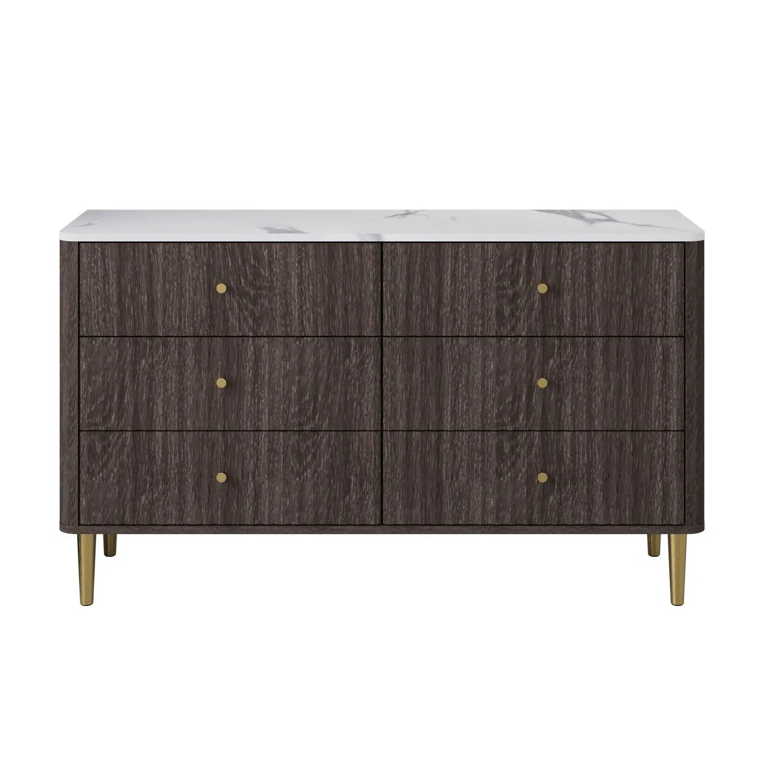 Wide 6-Drawer Chest with Marble Top - Brown, Wood