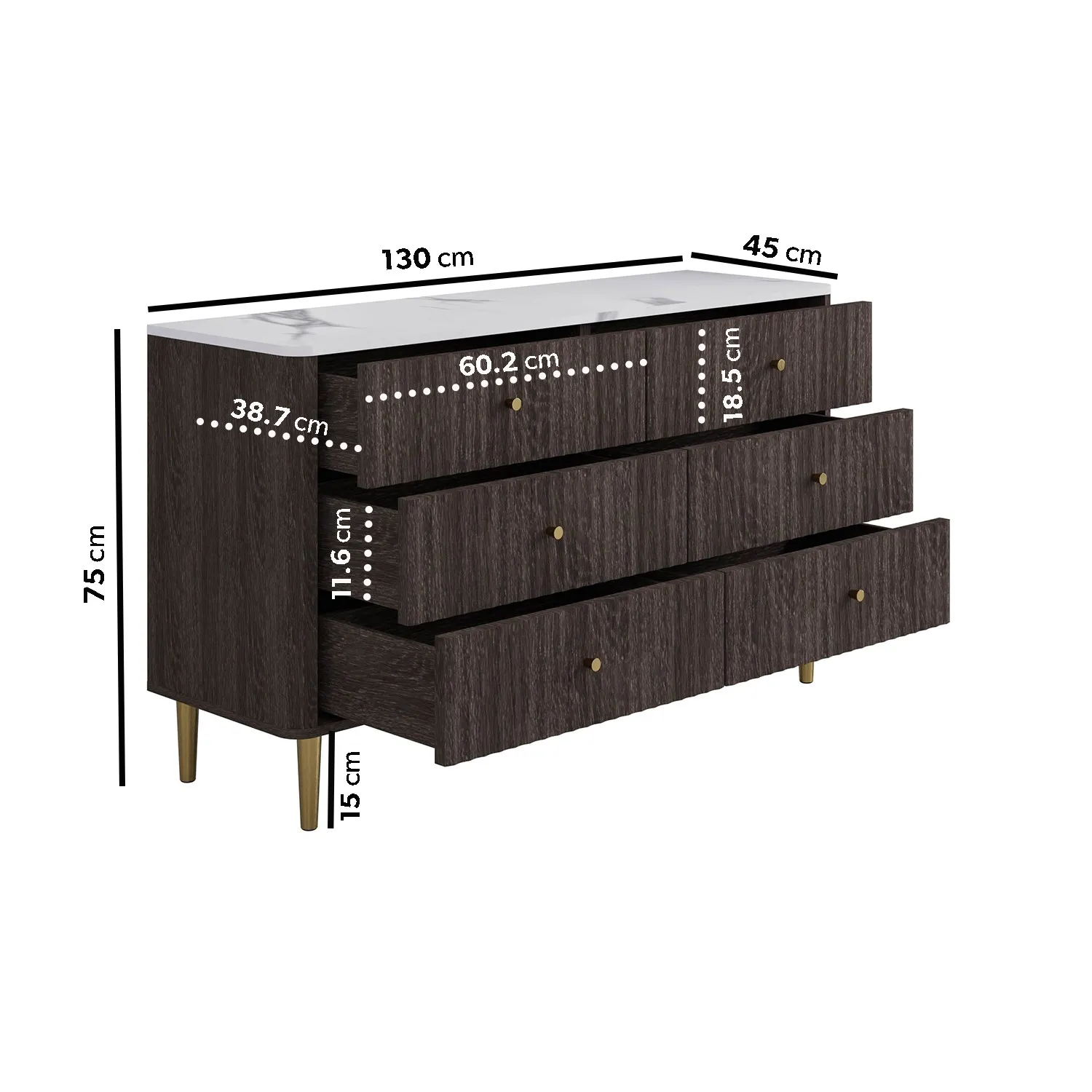 Wide 6-Drawer Chest with Marble Top - Brown, Wood