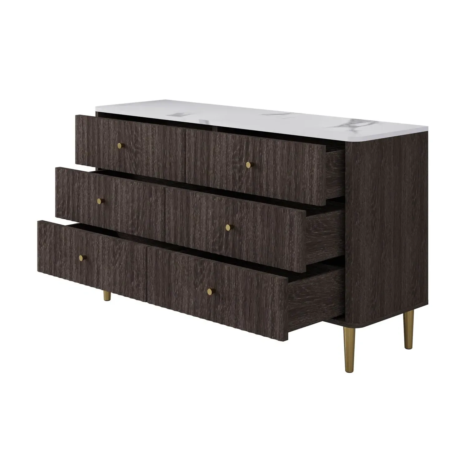 Wide 6-Drawer Chest with Marble Top - Brown, Wood