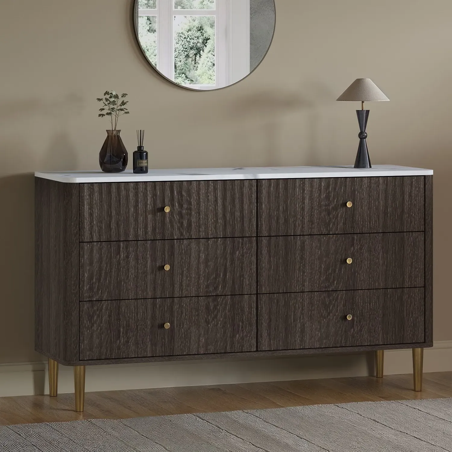 Wide 6-Drawer Chest with Marble Top - Brown, Wood image