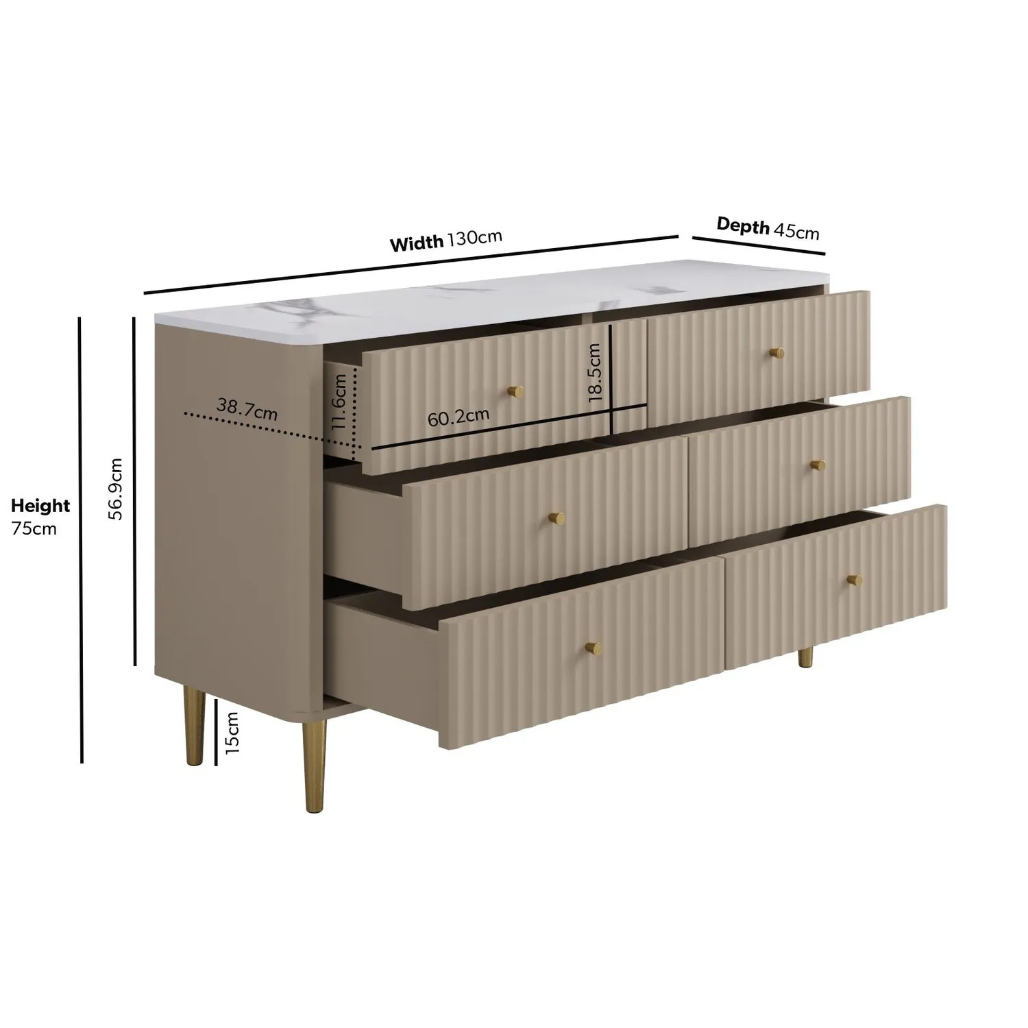 Wide 6-Drawer Chest with Marble Top - Taupe, Wood