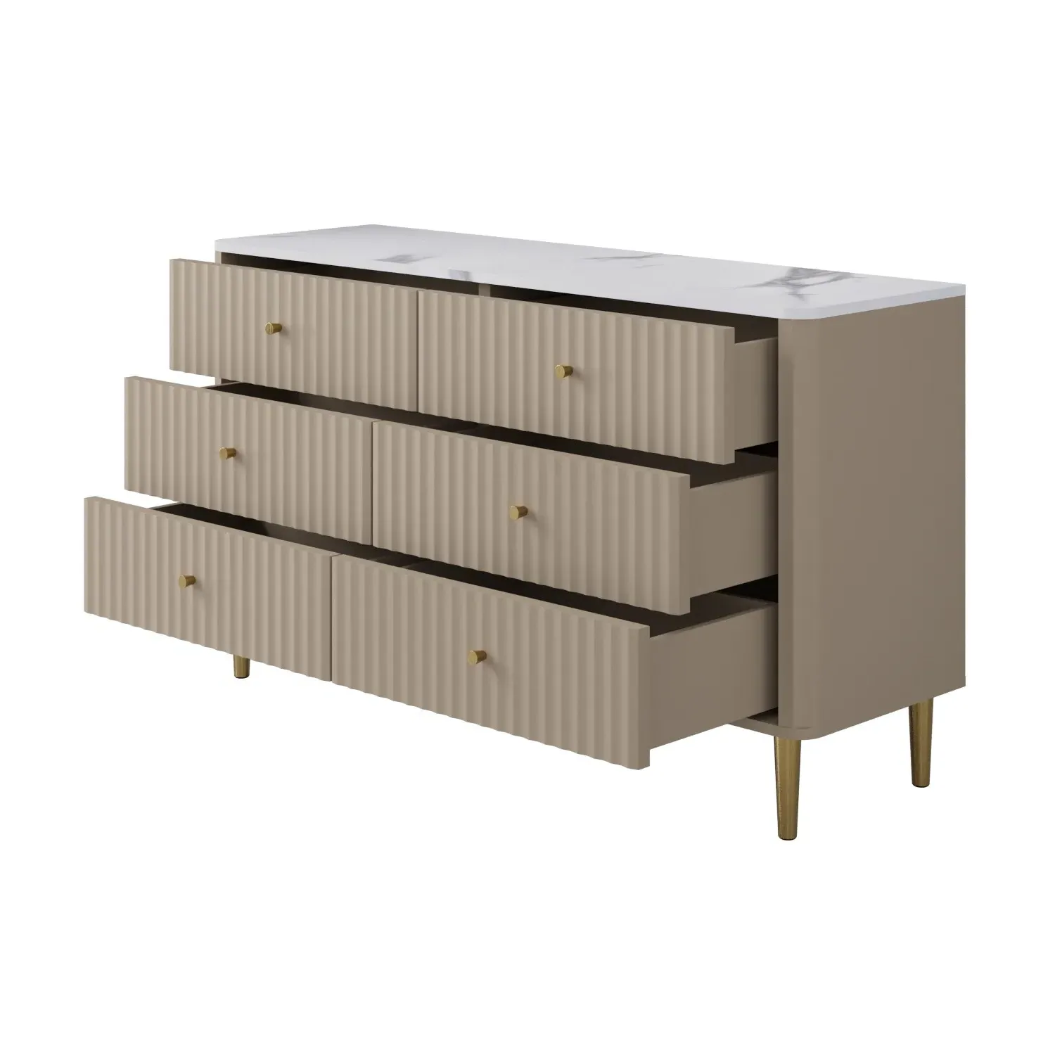 Wide 6-Drawer Chest with Marble Top - Taupe, Wood