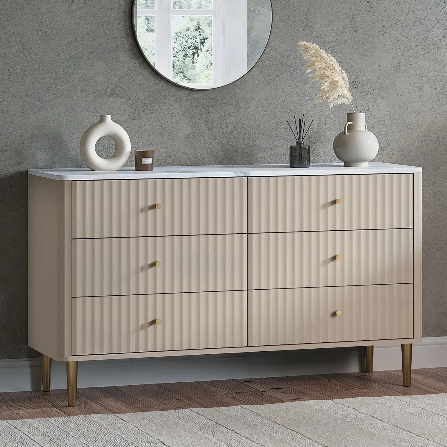 Wide 6-Drawer Chest with Marble Top - Taupe, Wood