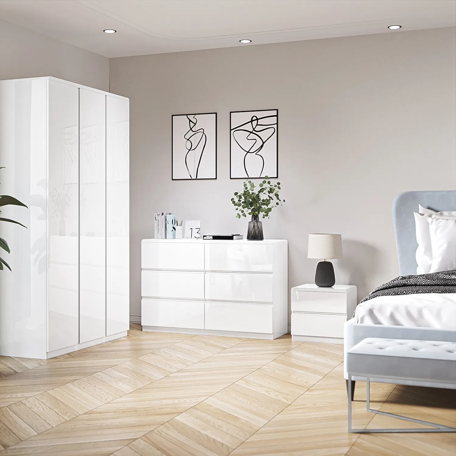 2-Drawer Bedside Table - White, High Gloss