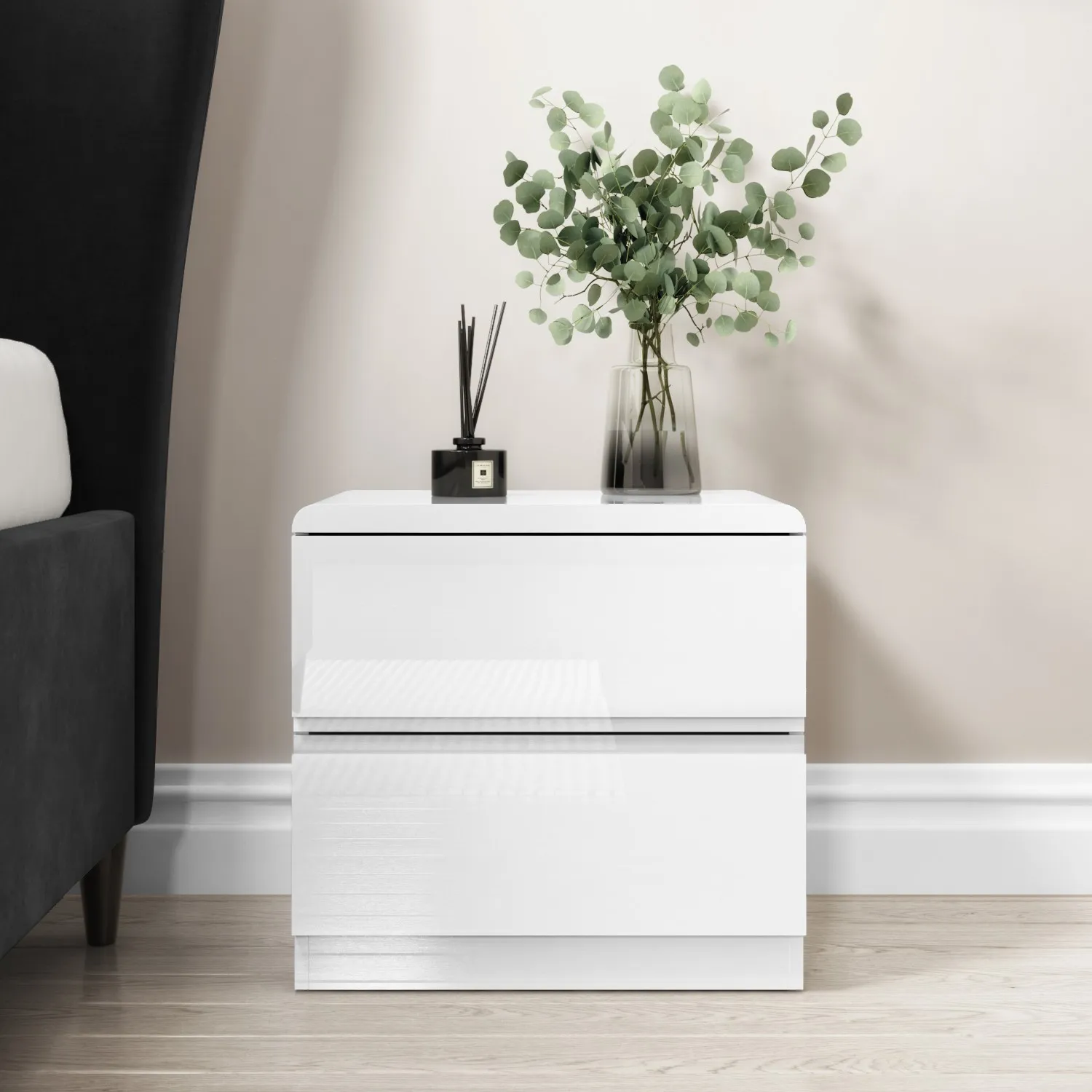 2-Drawer Bedside Table - White, High Gloss image