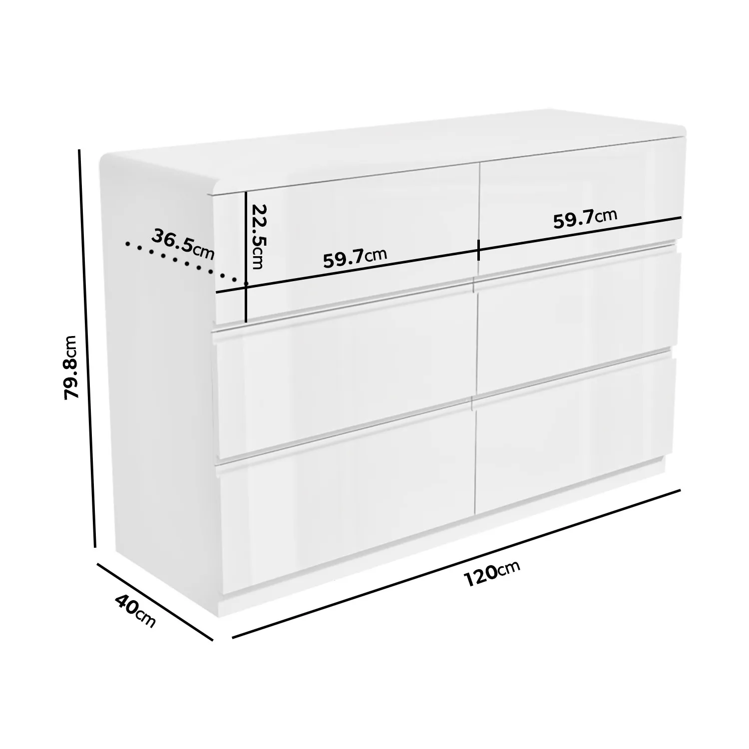 6-Drawer Wide Chest of Drawers - White, High Gloss