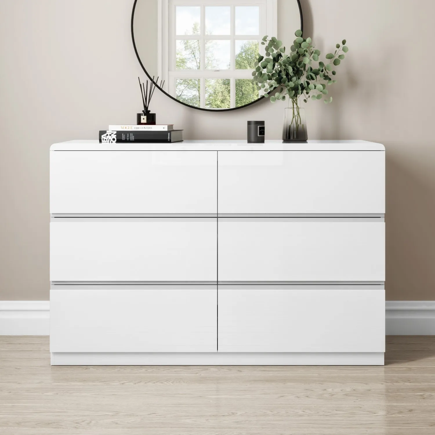 6-Drawer Wide Chest of Drawers - White, High Gloss