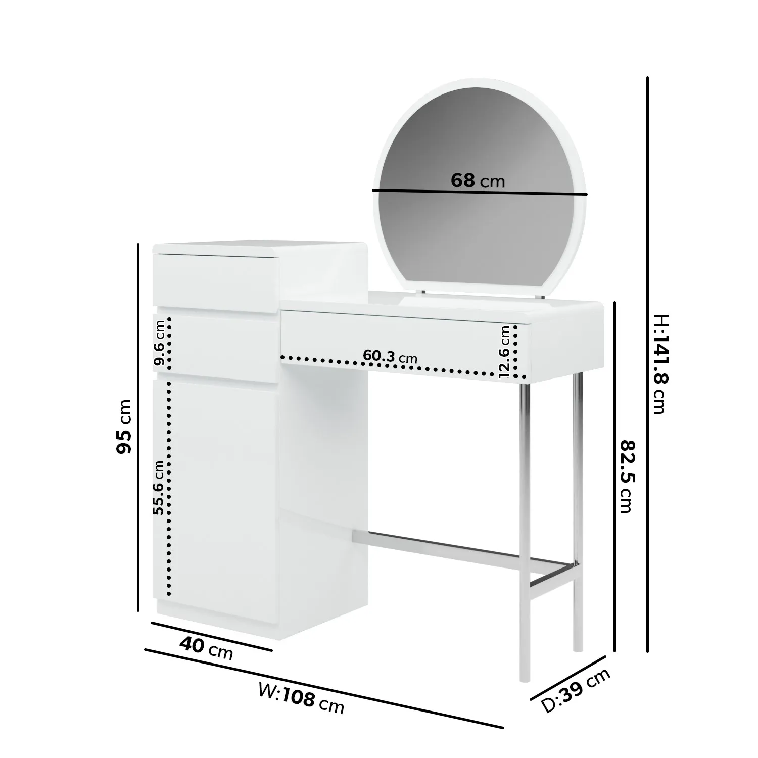 Dressing Table with Mirror & Storage - White Gloss