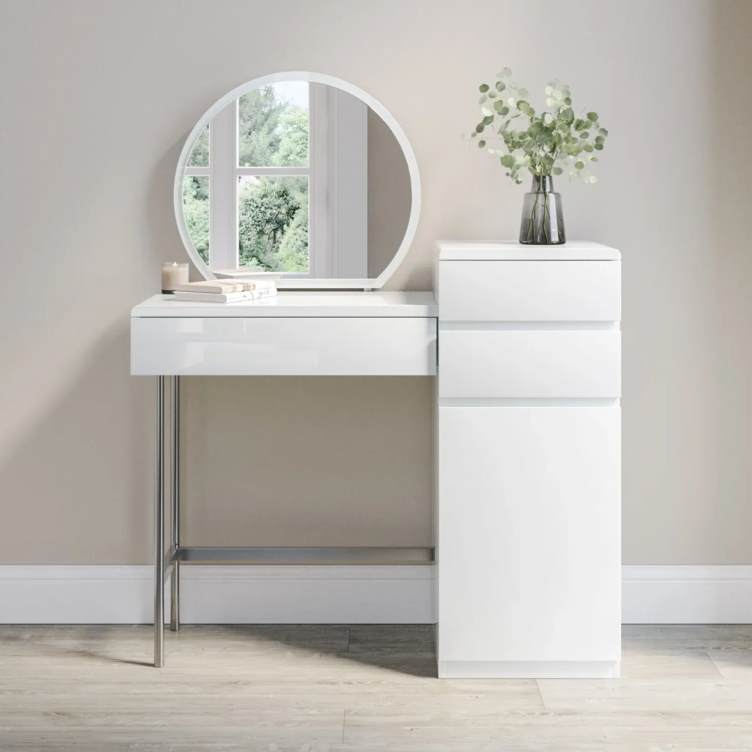 Dressing Table with Mirror & Storage - White Gloss image