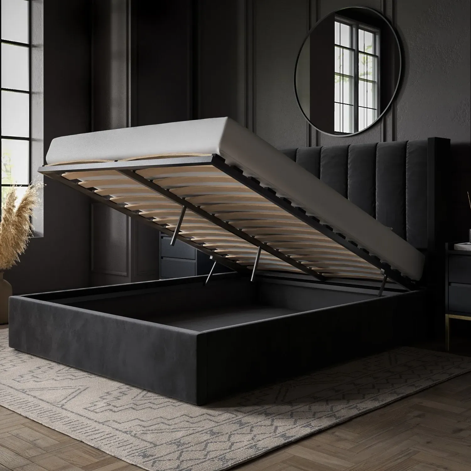 Double Ottoman Bed with Winged Headboard - Black