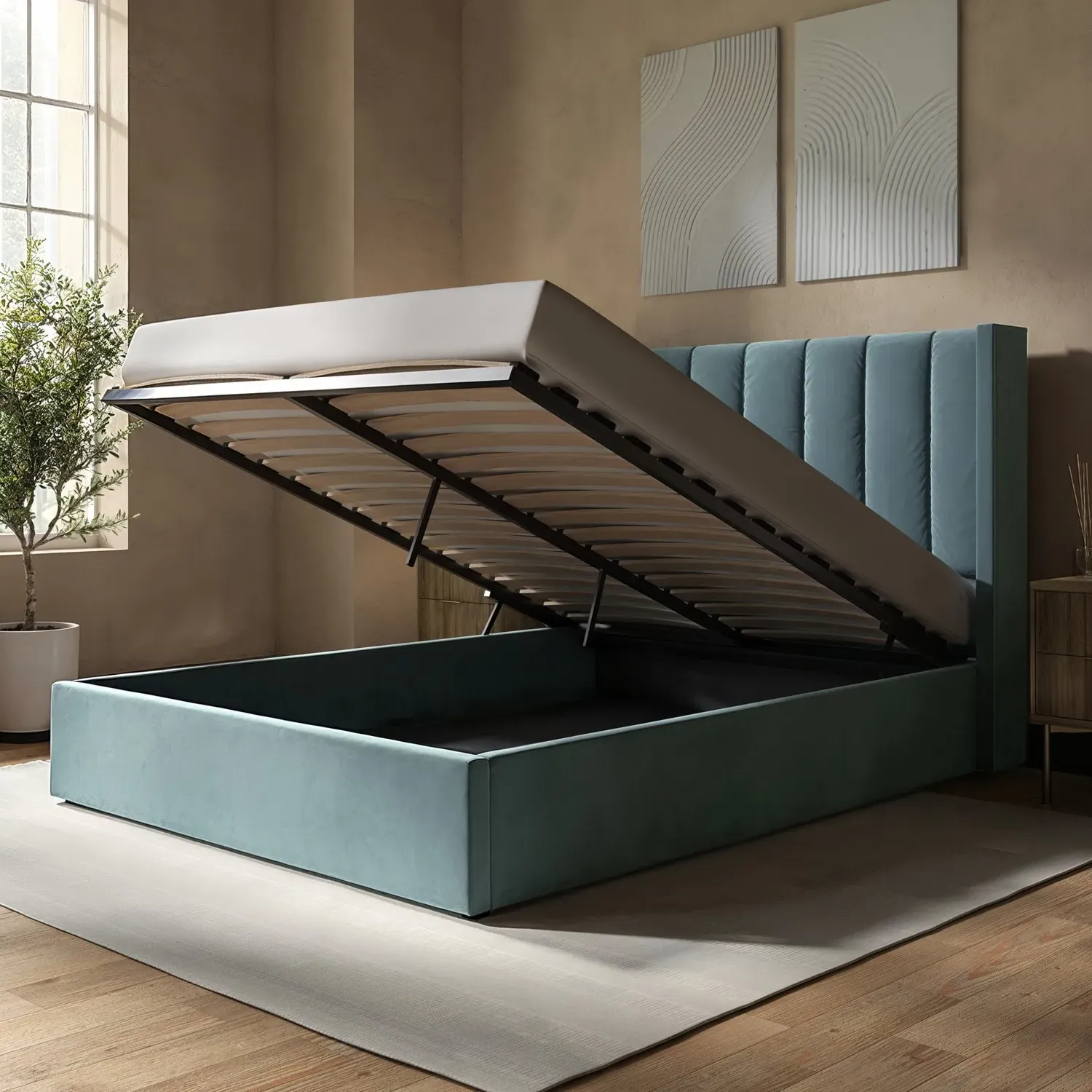 Double Ottoman Bed with Winged Headboard - Blue
