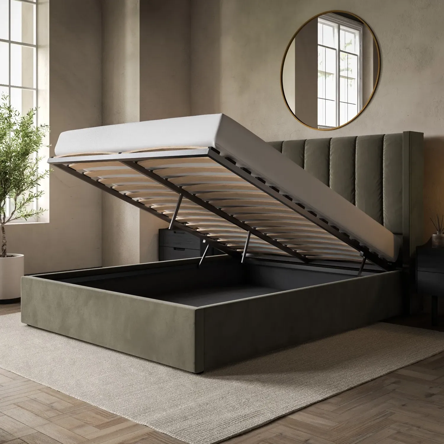 Double Ottoman Bed with Winged Headboard - Green