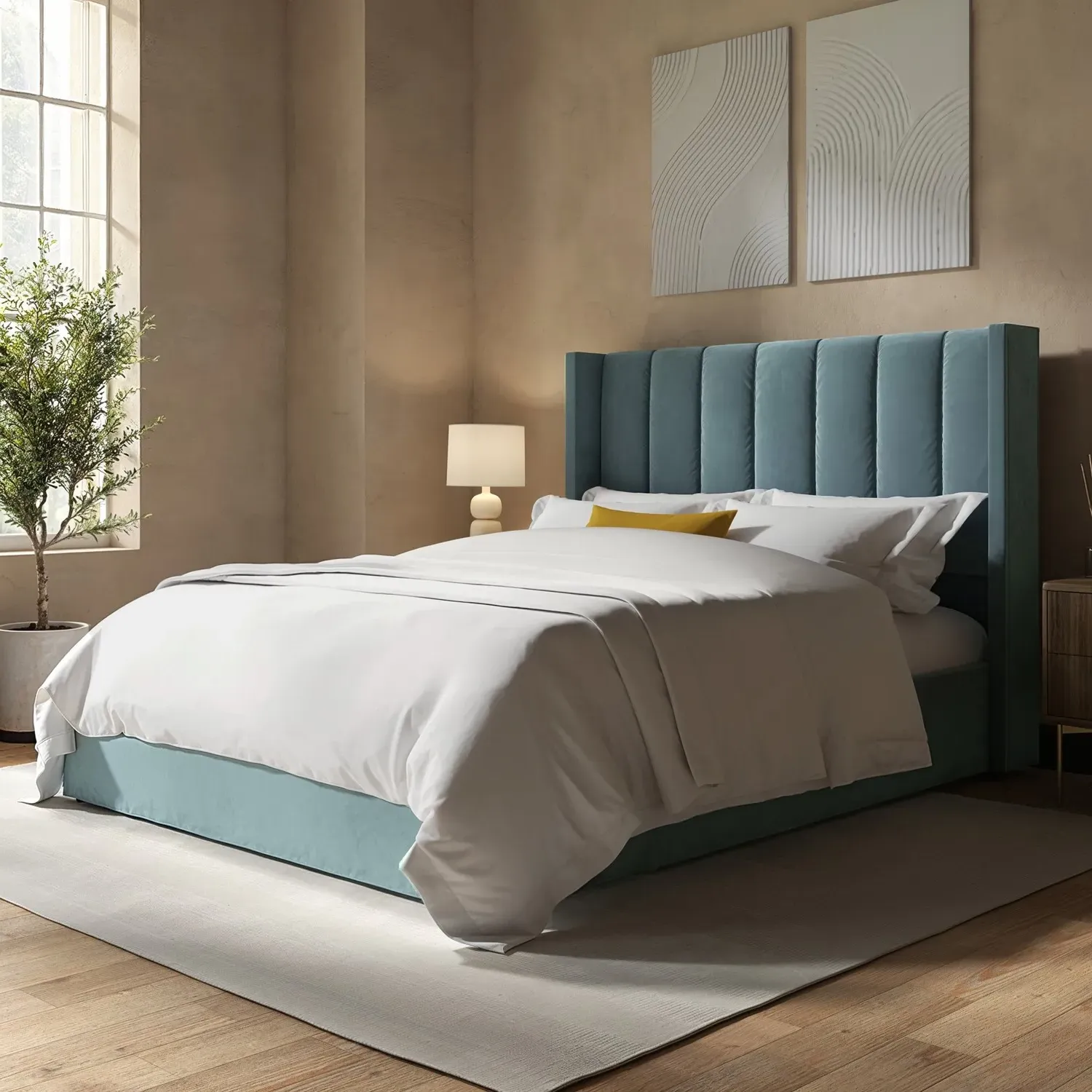 King Size Ottoman Bed with Winged Headboard - Blue image