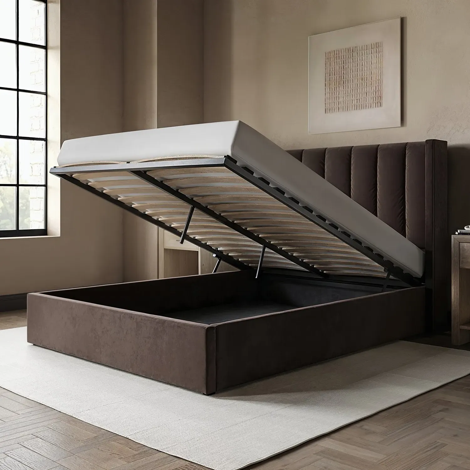 King Size Ottoman Bed with Winged Headboard - Brown
