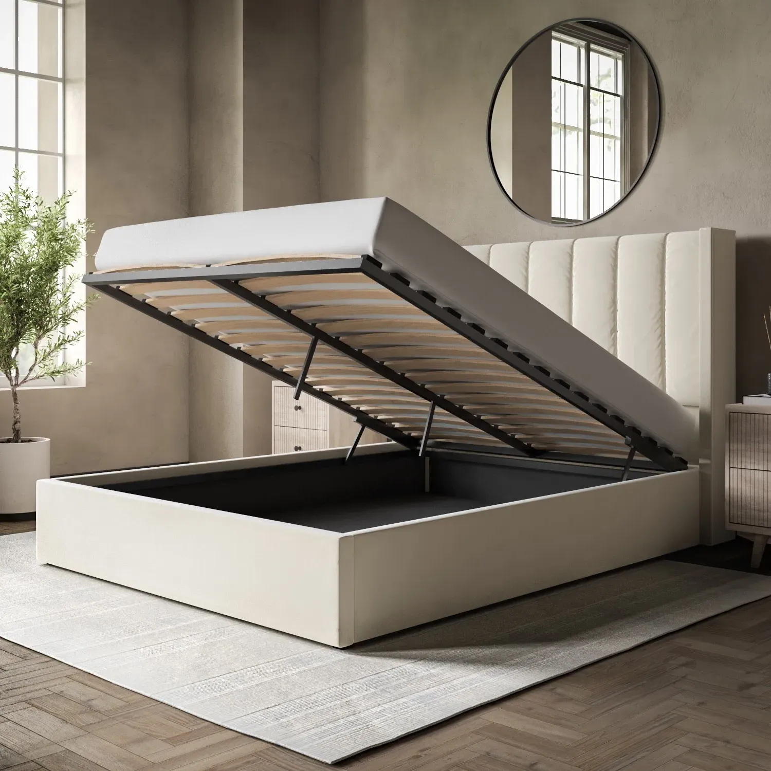 King Size Ottoman Bed with Winged Headboard - Cream