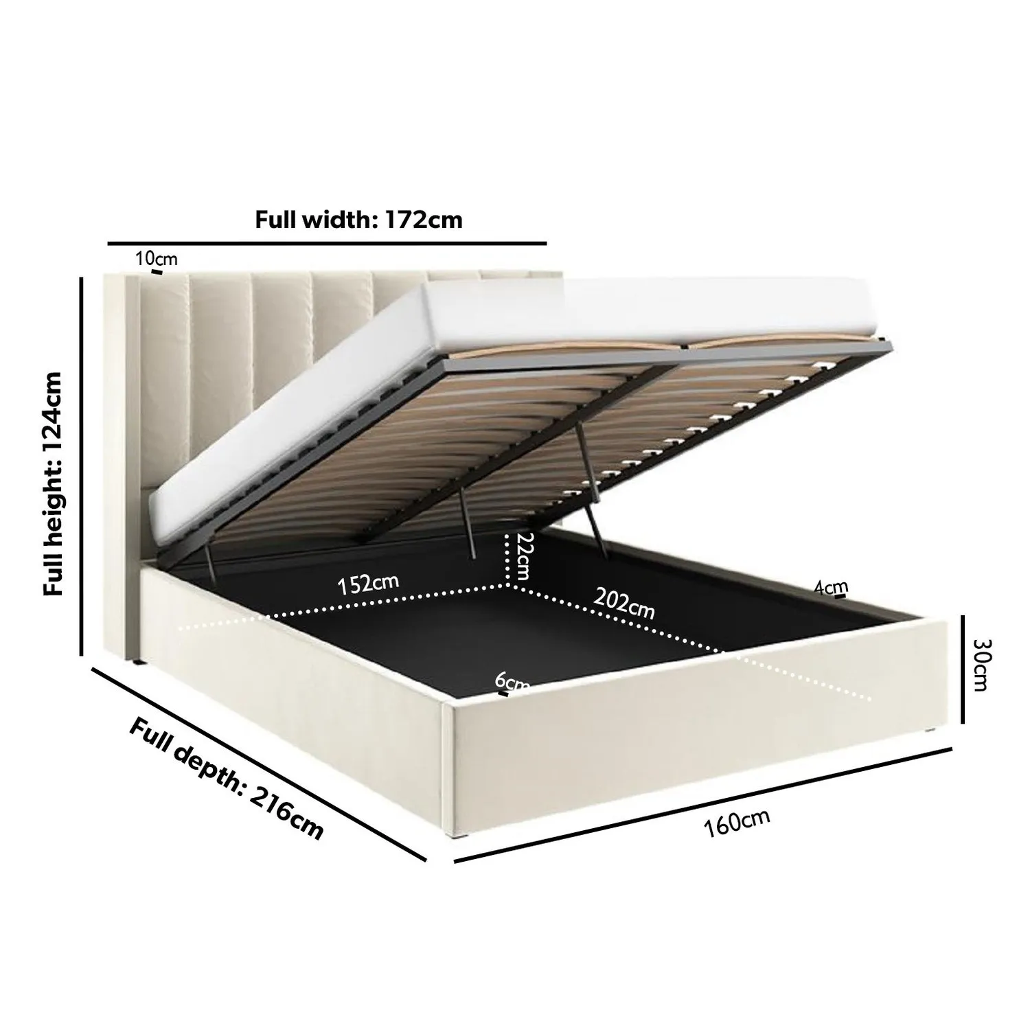 King Size Ottoman Bed with Winged Headboard - Cream
