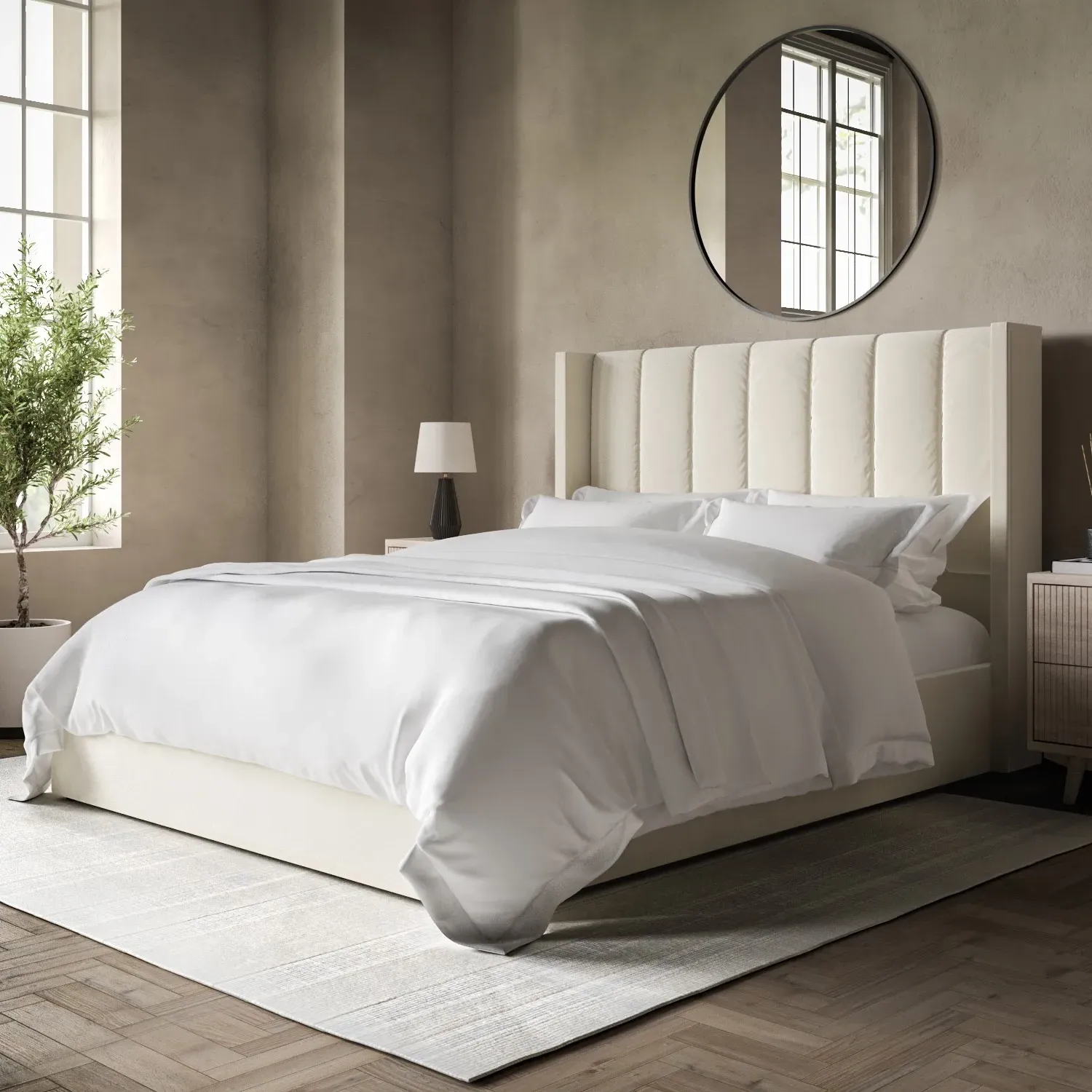 King Size Ottoman Bed with Winged Headboard - Cream image