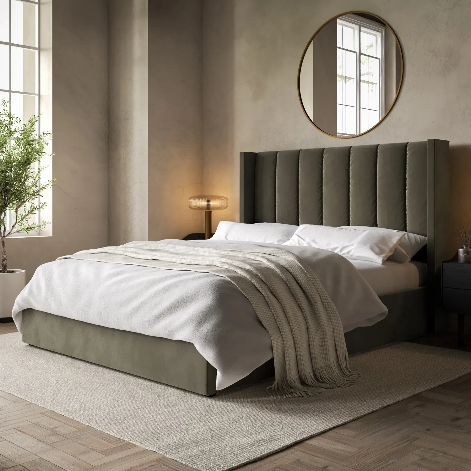King Size Ottoman Bed with Winged Headboard - Green image