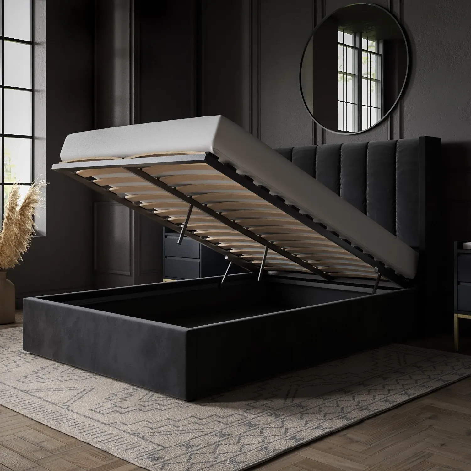Small Double Ottoman Bed with Storage - Black, Velvet