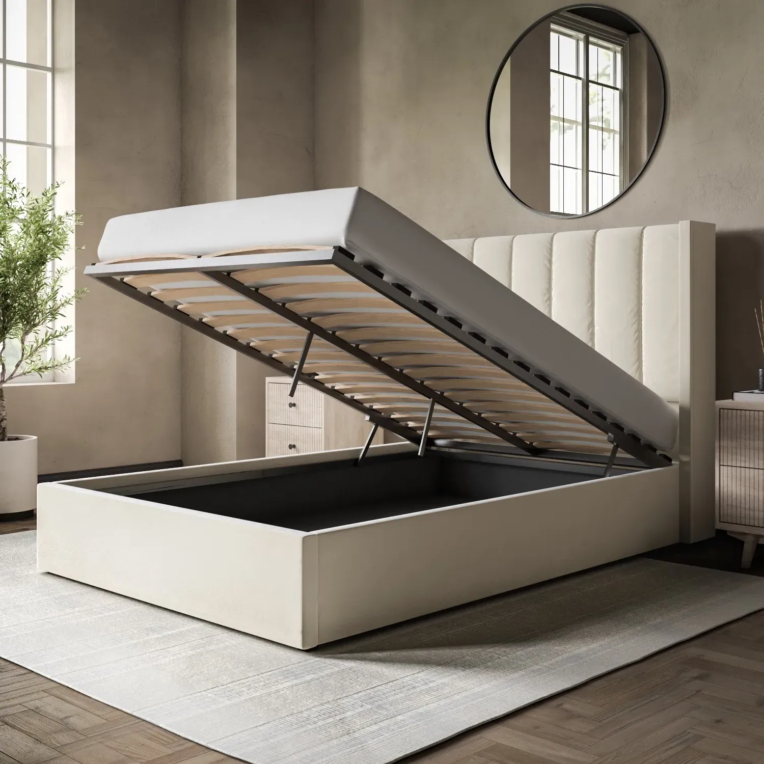 Small Double Ottoman Bed with Storage - Cream, Velvet