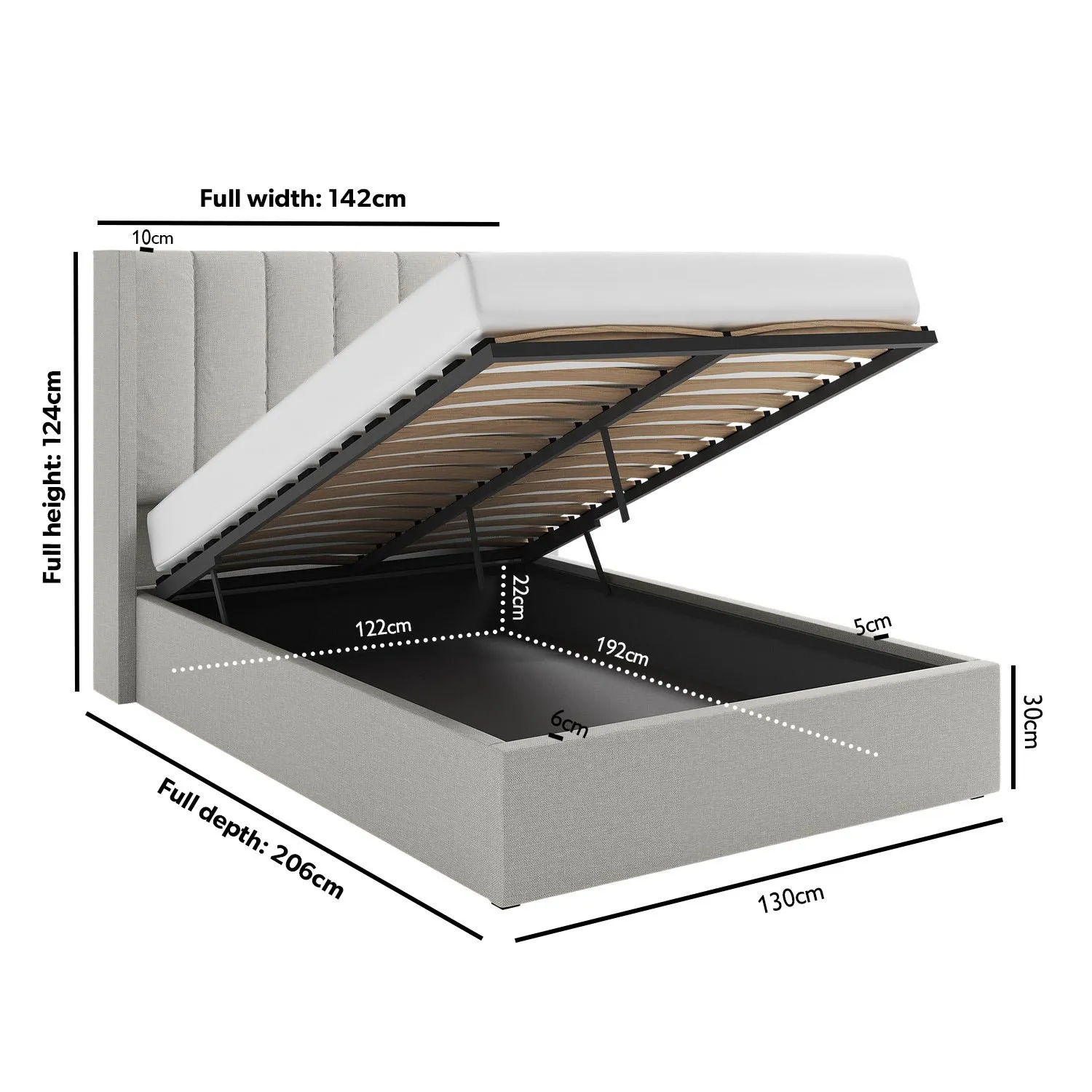 Small Double Ottoman Bed with Storage - Grey, Fabric