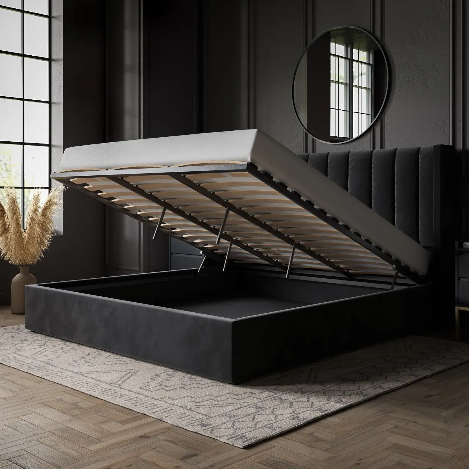 Super King Ottoman Bed with Storage - Black, Velvet