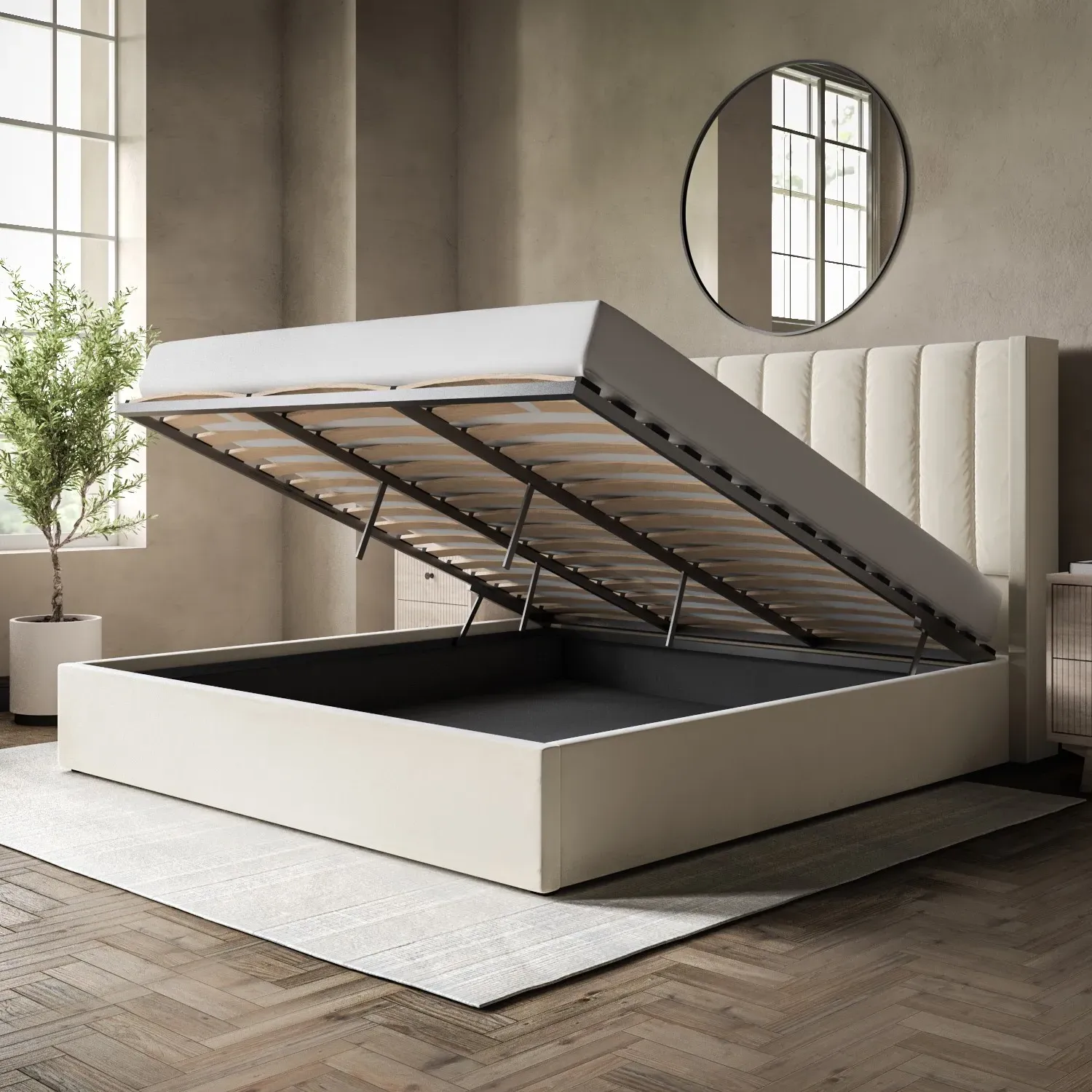 Super King Ottoman Bed with Storage - Cream, Velvet