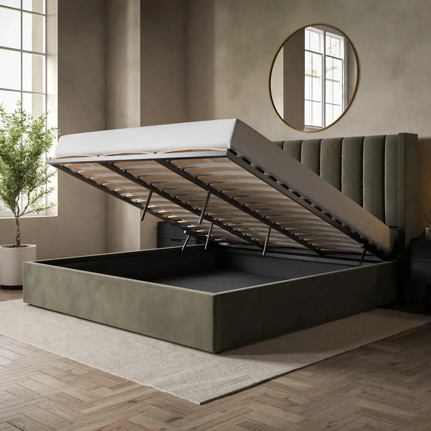Super King Ottoman Bed with Storage - Green, Velvet