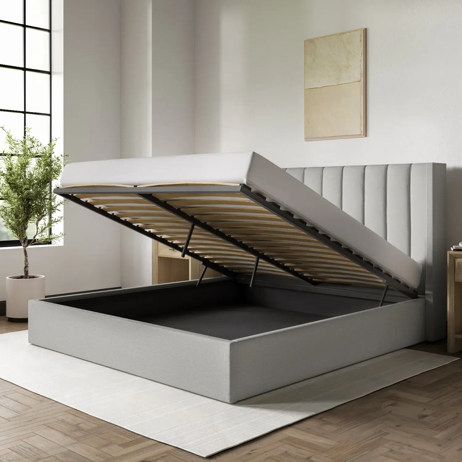 Super King Ottoman Bed with Storage - Grey, Fabric