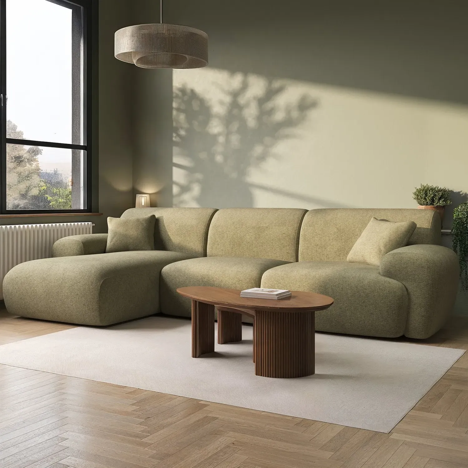 4-Seater Chaise Corner Sofa - Light Olive, Chenille