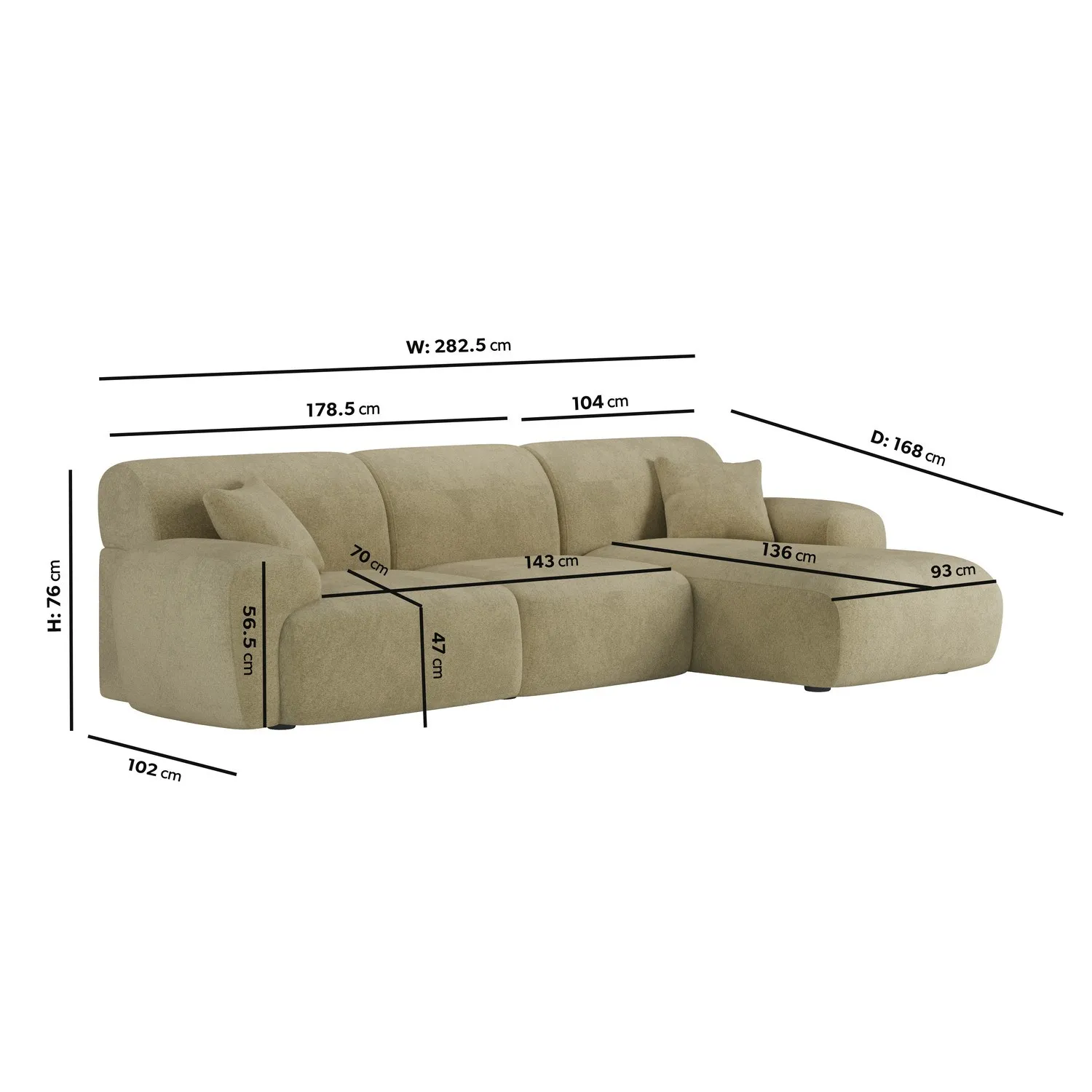 4-Seater Chaise Corner Sofa - Light Olive, Chenille