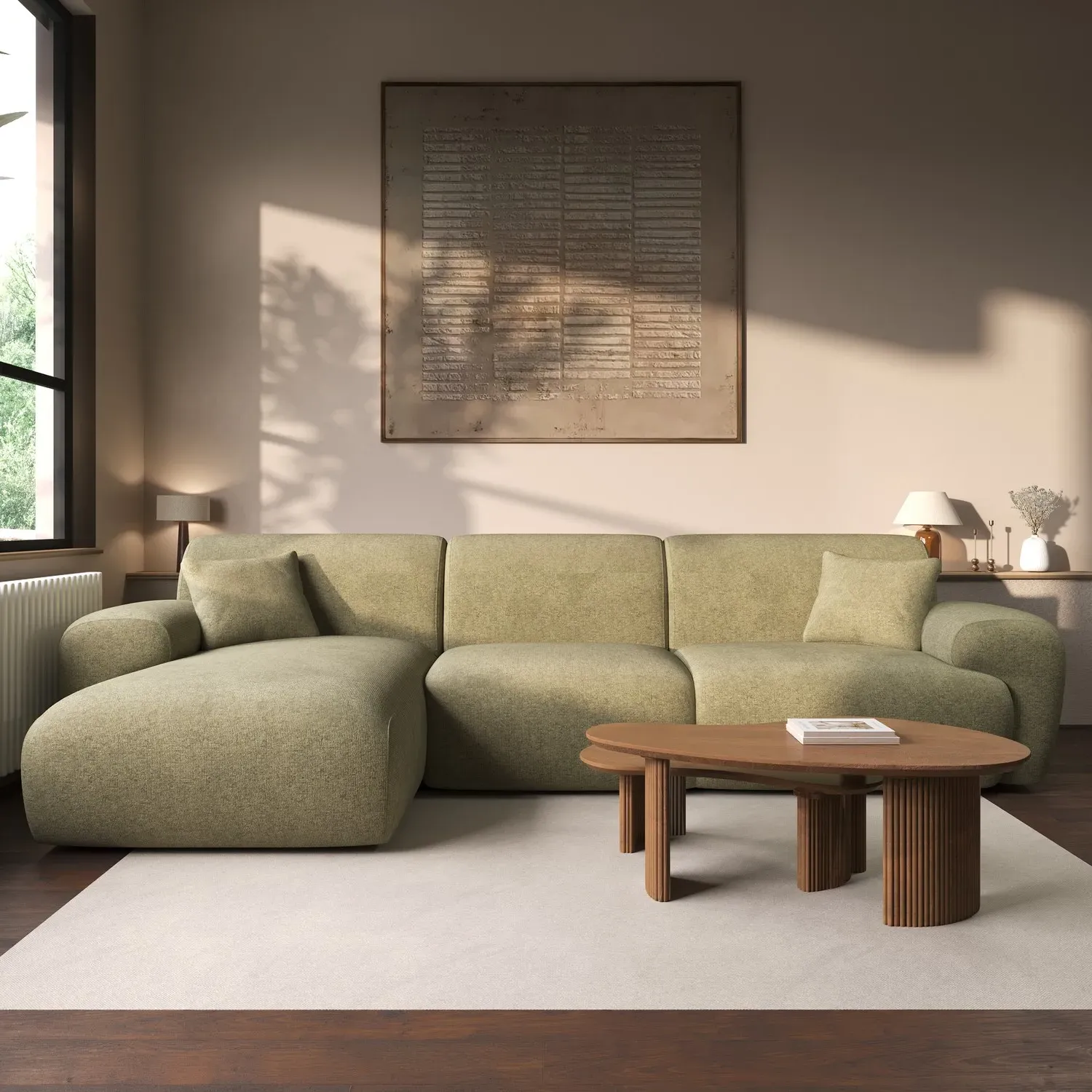 4-Seater Chaise Corner Sofa - Light Olive, Chenille image