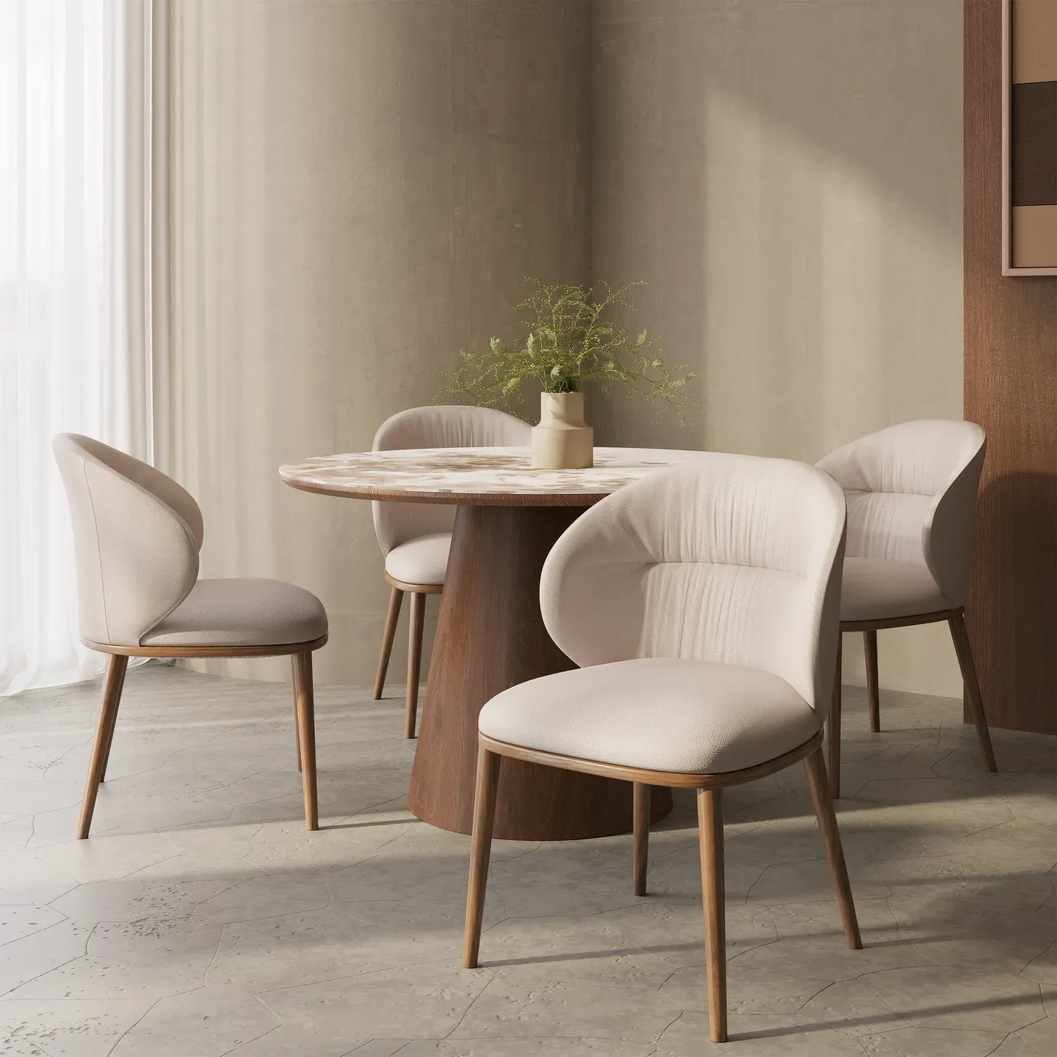 Round Dining Table Set with 4 Chairs - Beige, Walnut