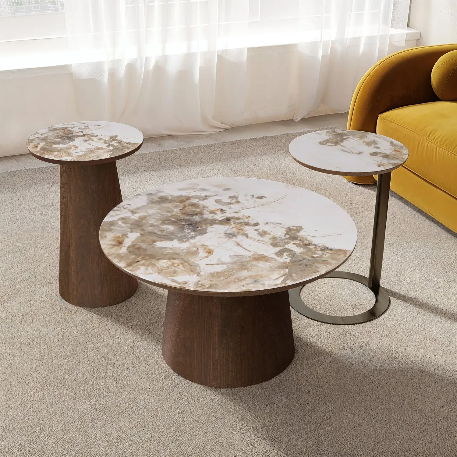 Round Nest of 3 Tables - Beige, Ceramic