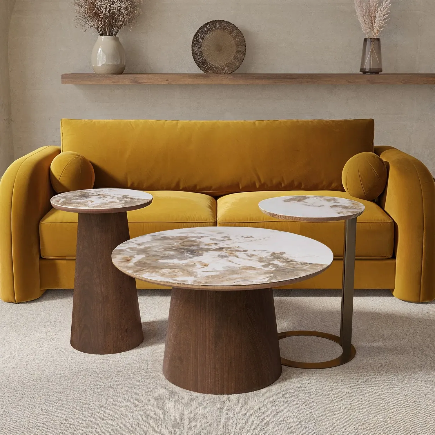 Round Nest of 3 Tables - Beige, Ceramic