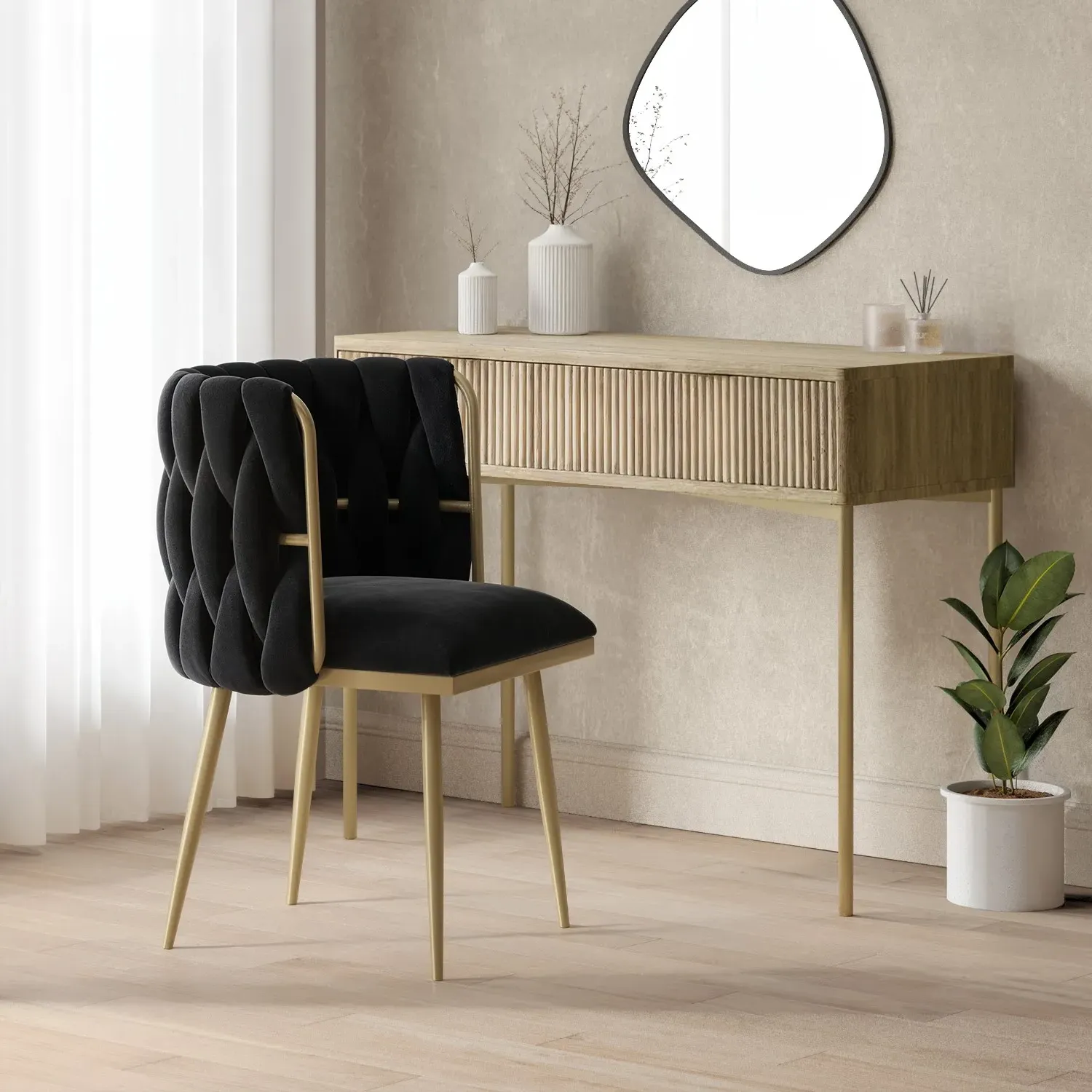 Dressing Table Chair with Gold Legs - Black, Velvet