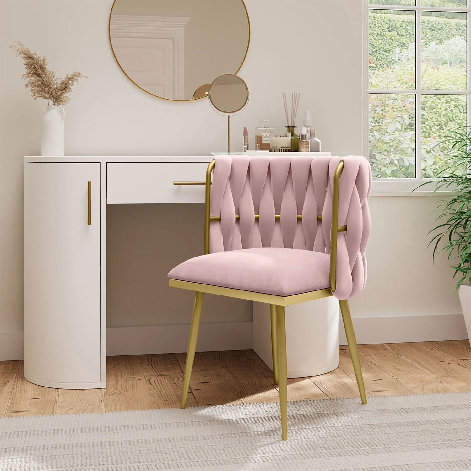 Dressing Table Chair with Gold Legs - Pink, Velvet