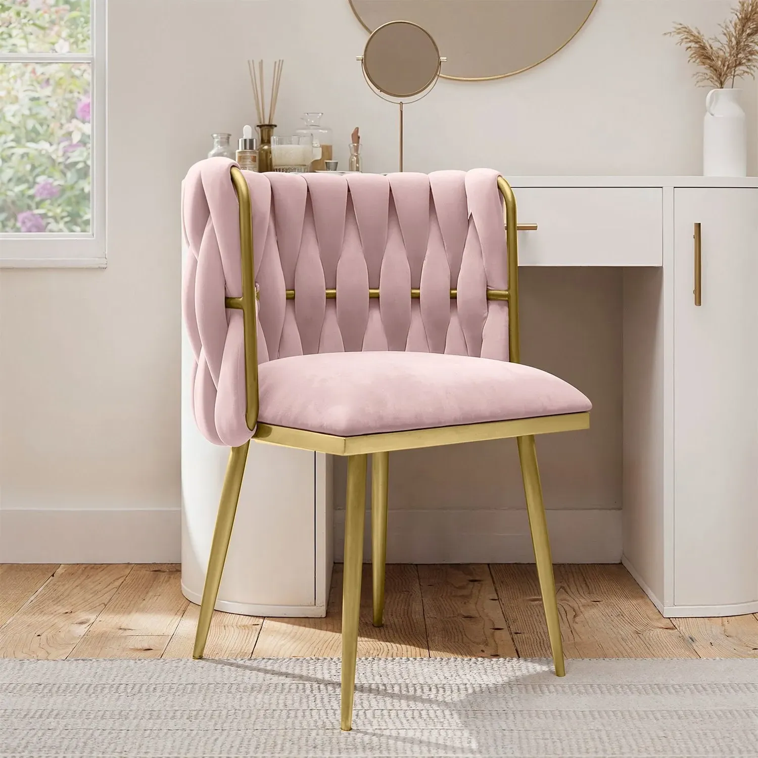 Dressing Table Chair with Gold Legs - Pink, Velvet