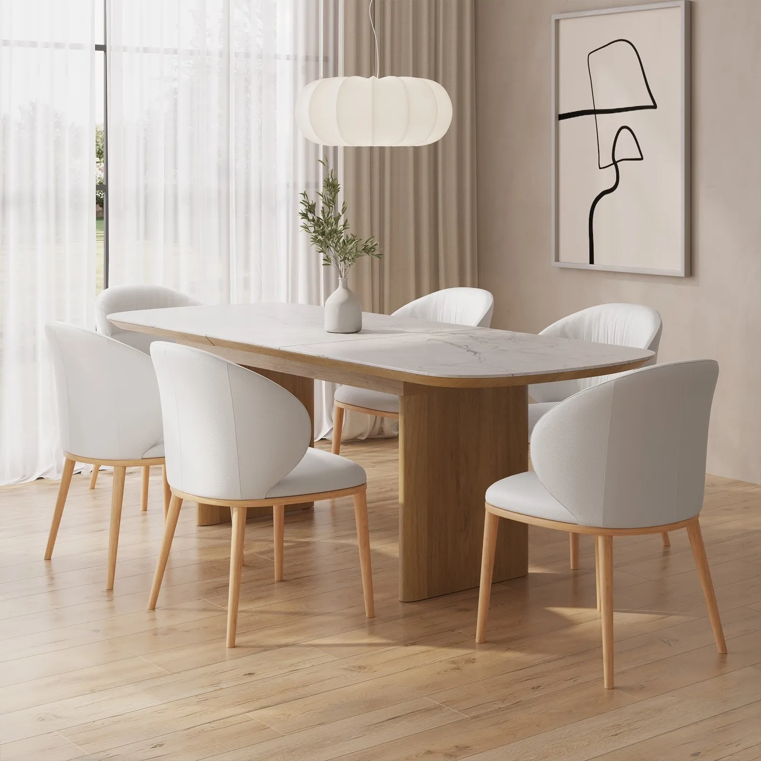 Extendable Dining Table Set with 6 Chairs - White
