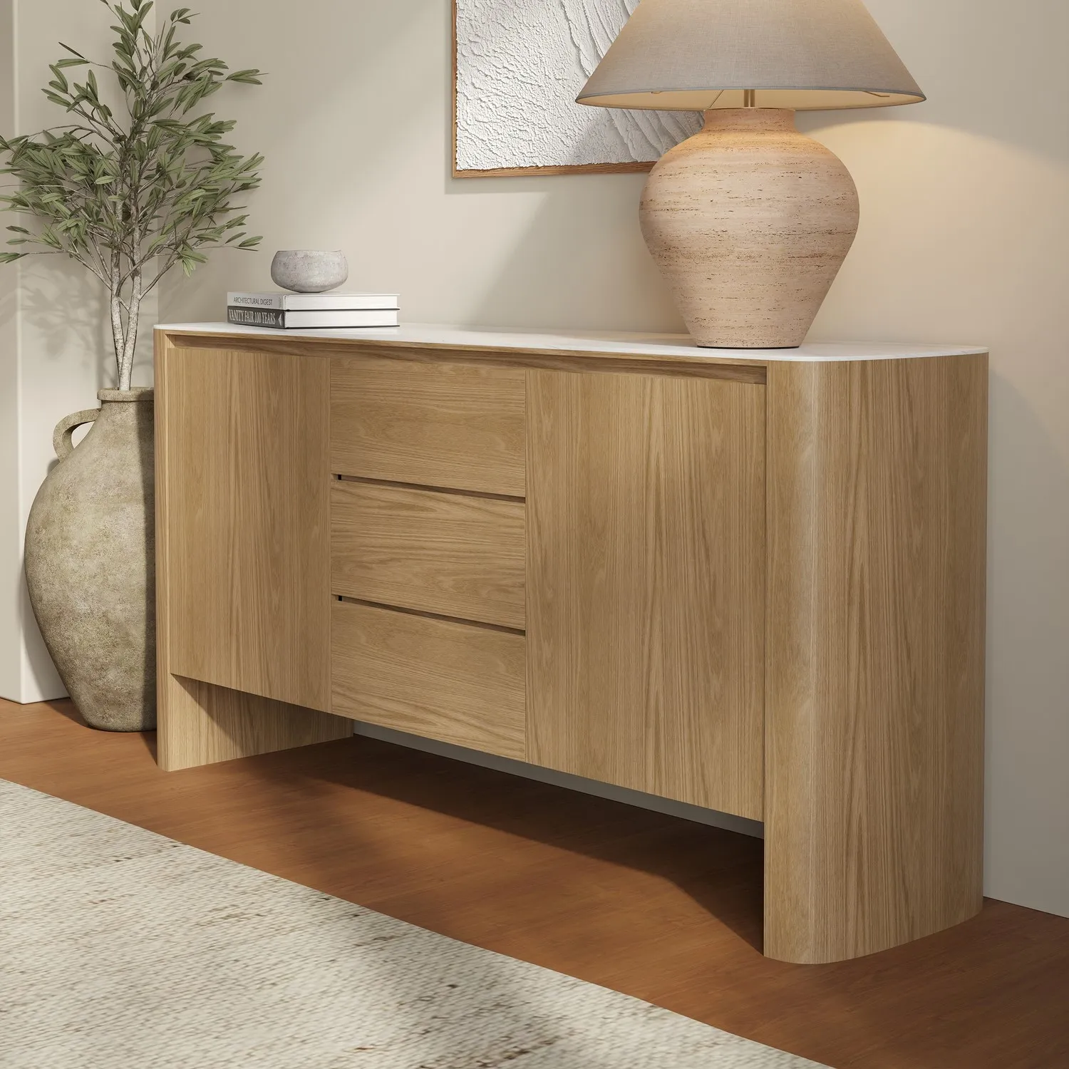 Large Sideboard with Marble Top - Brown, Oak