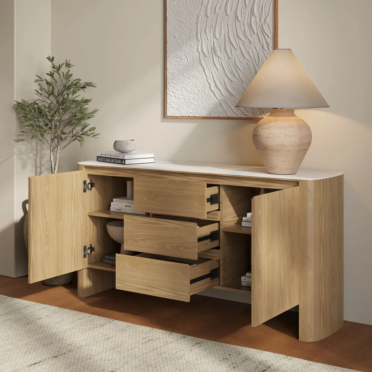 Large Sideboard with Marble Top - Brown, Oak
