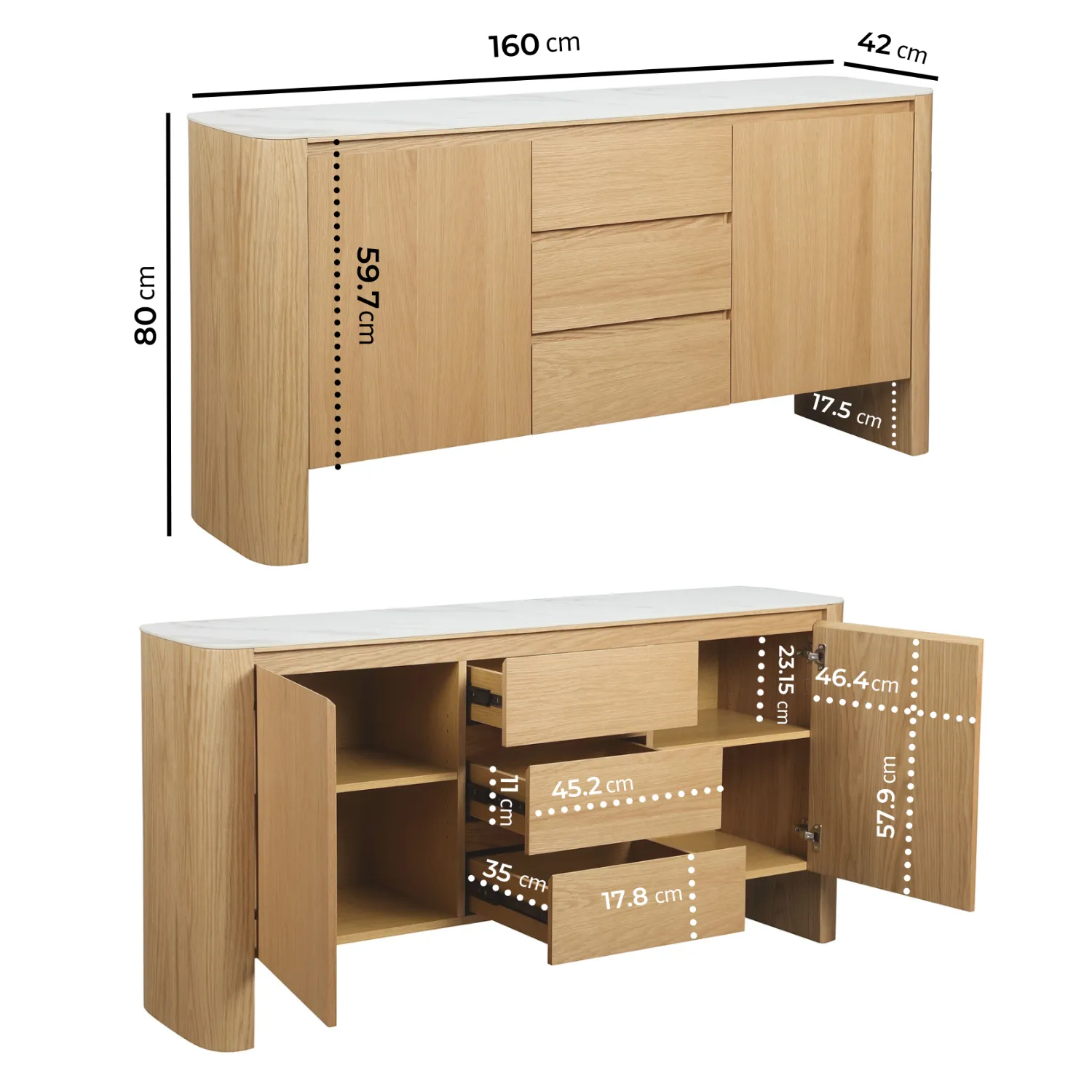 Large Sideboard with Marble Top - Brown, Oak