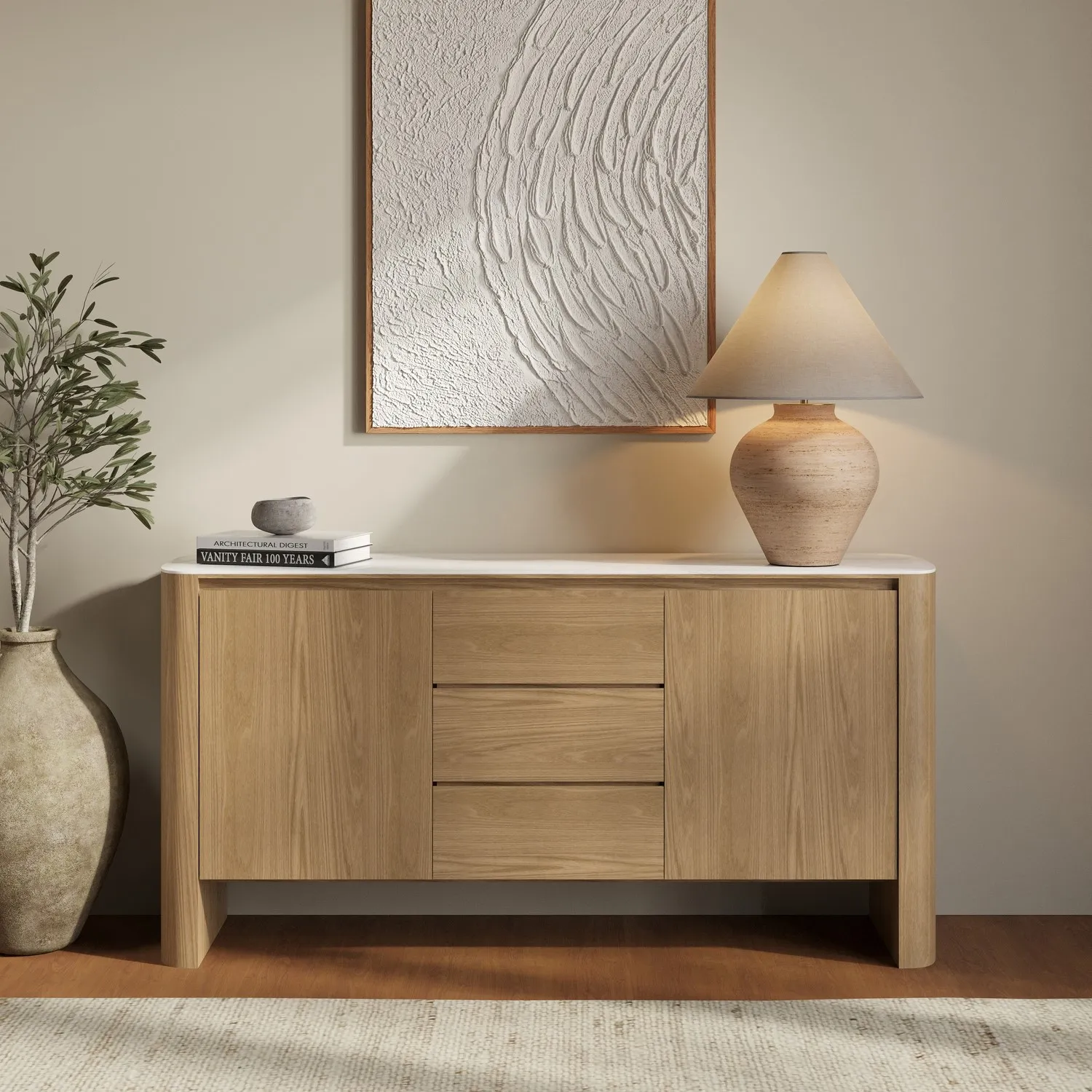 Large Sideboard with Marble Top - Brown, Oak image