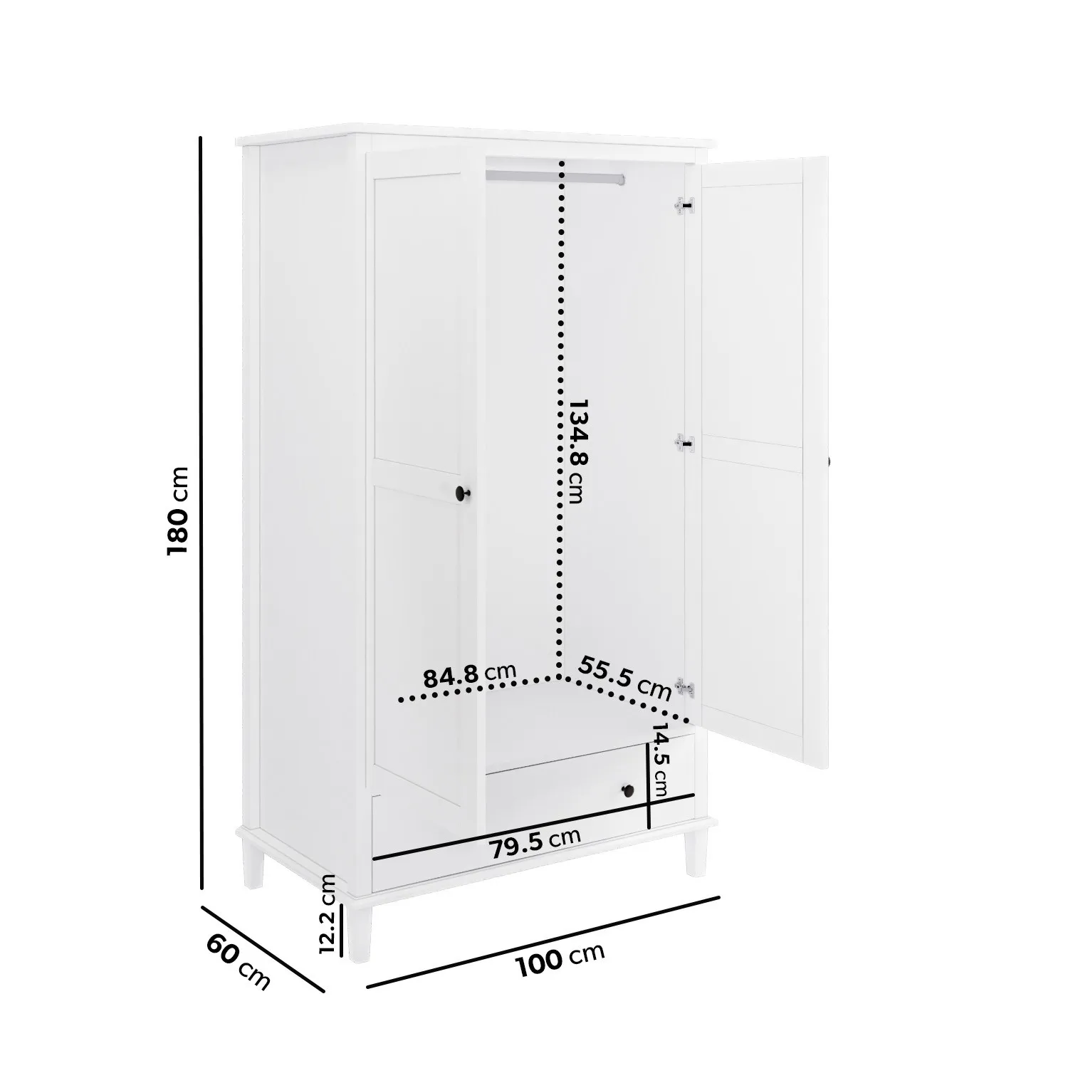 2-Door Wardrobe with Drawer - White, Wood