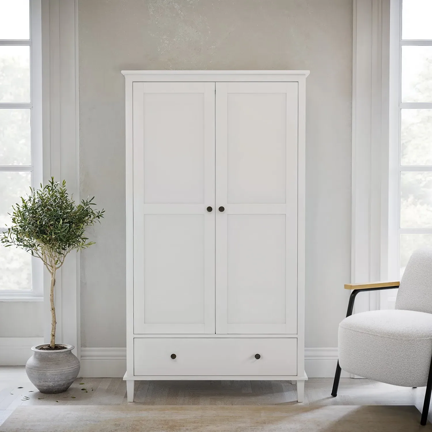 2-Door Wardrobe with Drawer - White, Wood